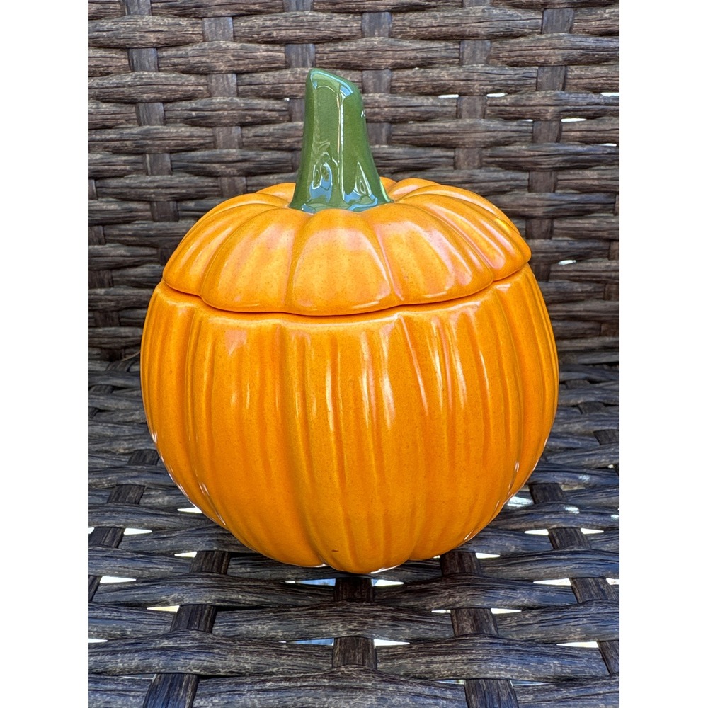 Arline Patz Signed Ceramic Pumpkin Lidded Jar Orange Fall Harvest Decor 7 Inch